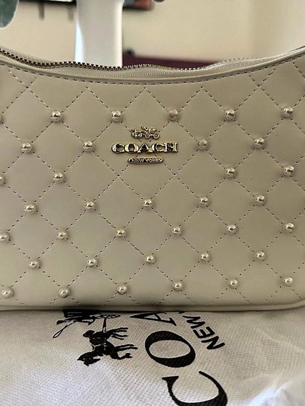 Coach Quilted Pearl-Embellished Shoulder Bag in White
